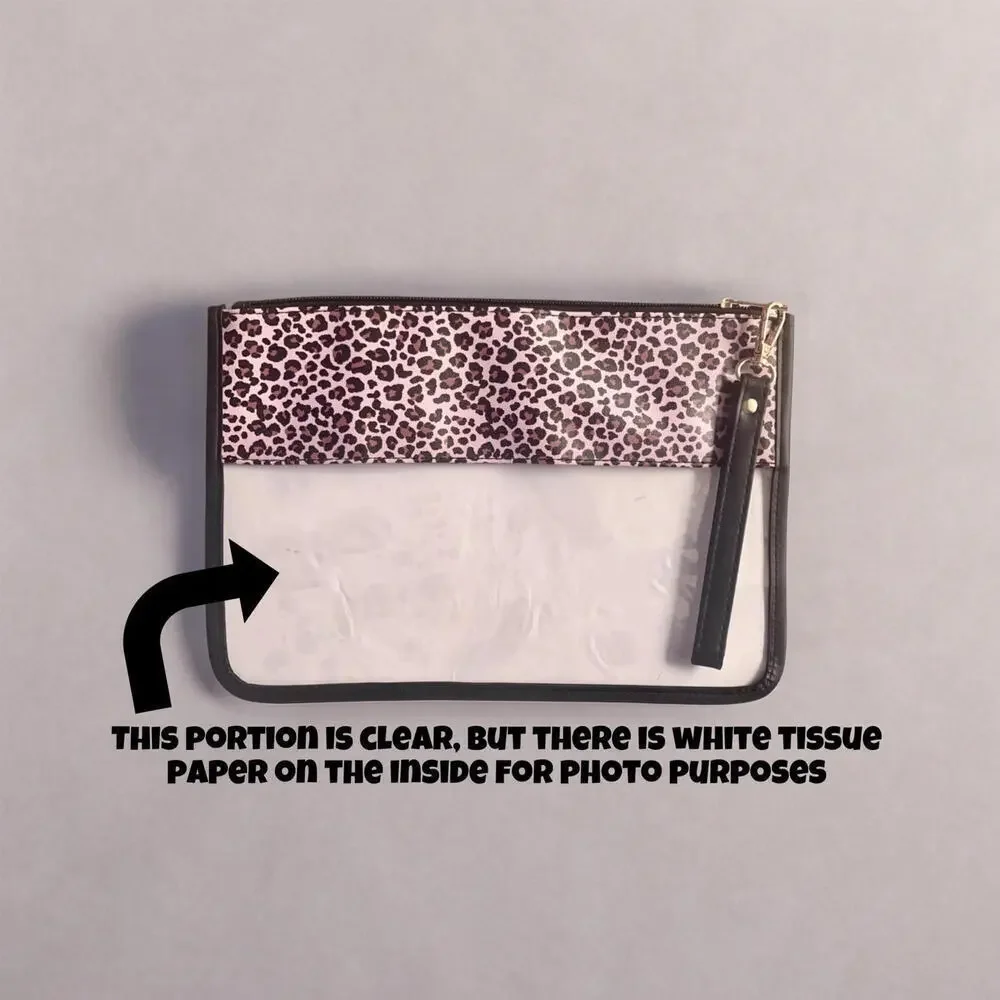 Large Pouch - STUFF, Pink Leopard Print With Aqua Teal Patches Great For Makeup
